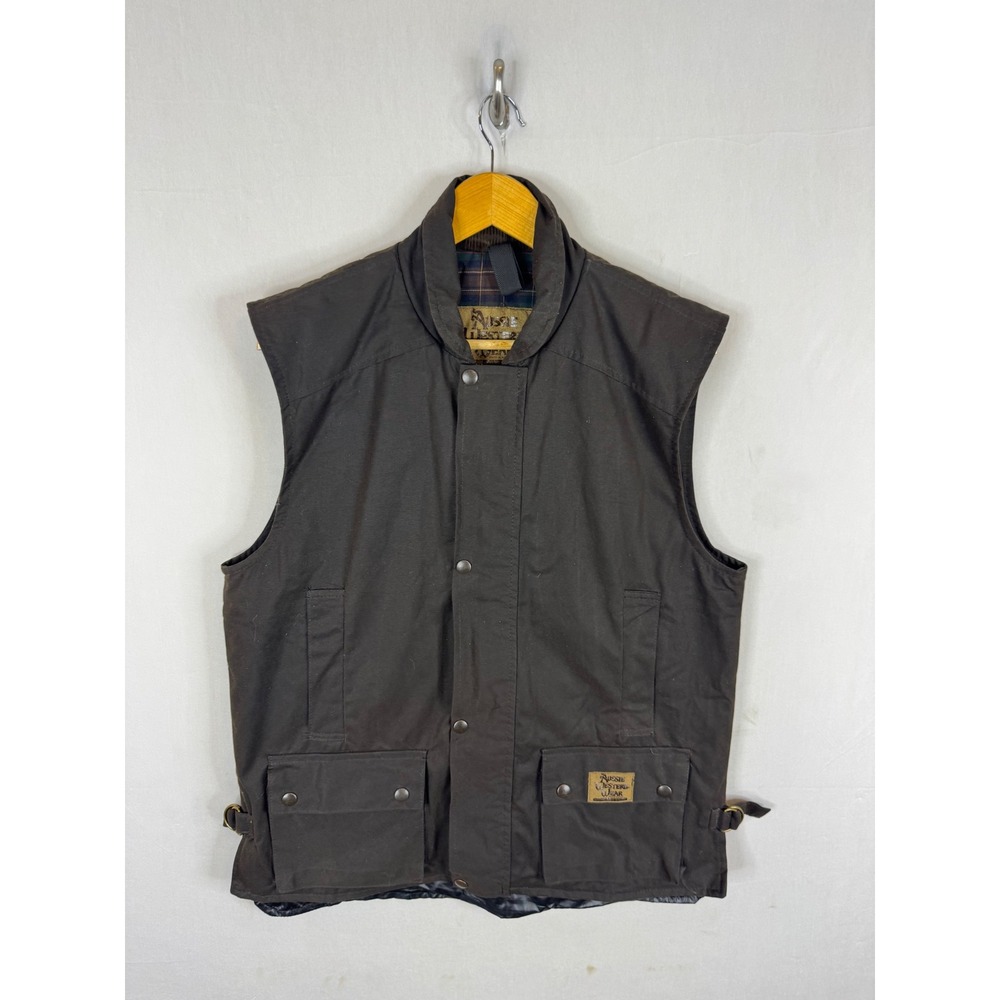 Aussie Western Wear Mens Oilskin Waxed Cotton Vest Brown Plaid Lined Small